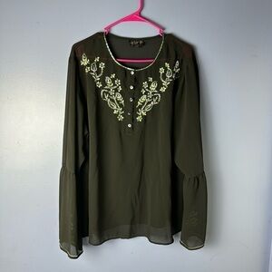 A.K.C Pioneer Woman Sheer Black Blouse with Green Embroidery with Bell Sleeves.